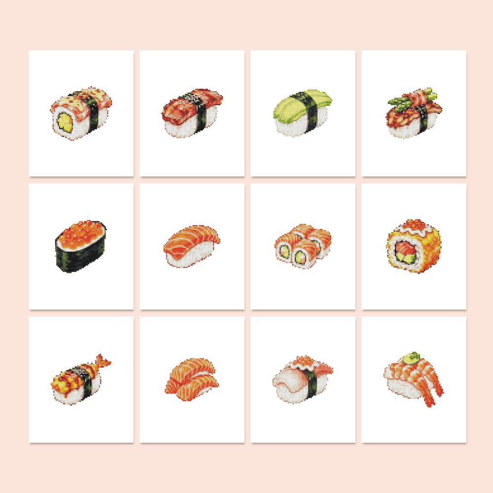Salmon Nigiri Sushi Bar mini diamond painting – Sushi pieces: salmon and shrimp nigiri, avocado rolls, a roe-topped roll and assorted maki