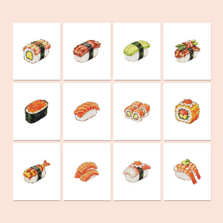 Salmon Nigiri Sushi Bar mini diamond painting – Sushi pieces: salmon and shrimp nigiri, avocado rolls, a roe-topped roll and assorted maki