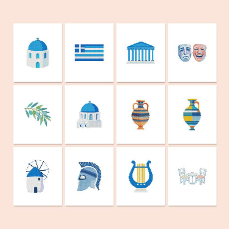 Blue Domes of the Aegean mini diamond painting – Blue and white Greek motifs: domed chapels, flag, temple, theatre masks, amphorae, windmill, helmet, lyre