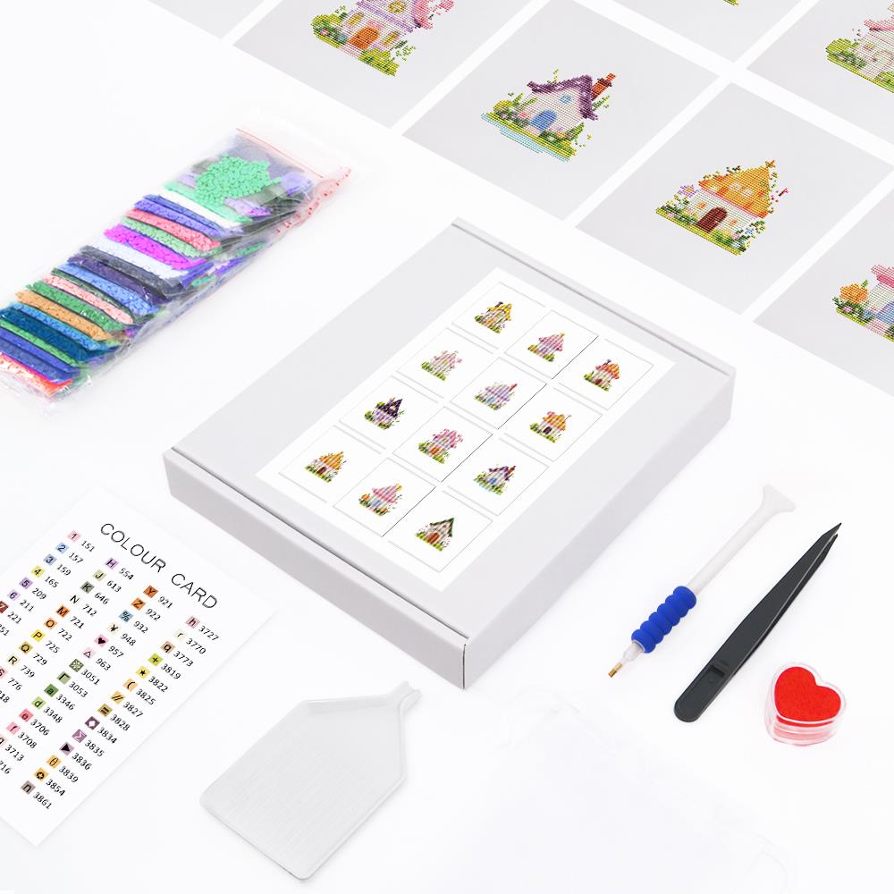 Pastel Fairy Garden Cottages mini diamond painting – the box with 12 canvases, diamonds and tools