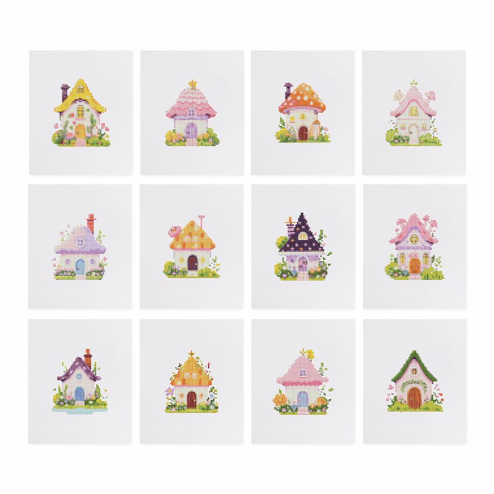 Pastel Fairy Garden Cottages mini diamond painting – the 12 designs laid out on white