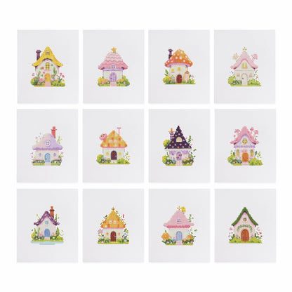 Pastel Fairy Garden Cottages mini diamond painting – the 12 designs laid out on white