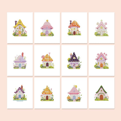 Pastel Fairy Garden Cottages mini diamond painting – Pastel fairy cottages in pink, lilac, peach and yellow, with flower gardens and one toadstool roof