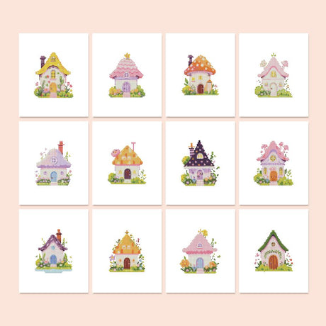 Pastel Fairy Garden Cottages mini diamond painting – Pastel fairy cottages in pink, lilac, peach and yellow, with flower gardens and one toadstool roof
