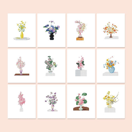 Ikebana Vase Arrangements mini diamond painting – Japanese-style flower arrangements: blossom sprigs, yellow and lilac sprays and orange blooms in small vases