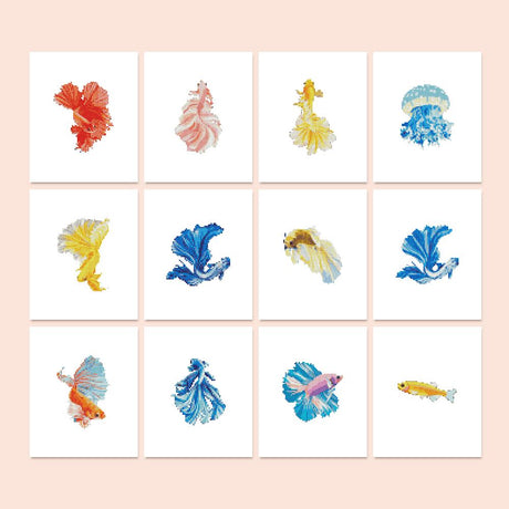 Silk-Tailed Betta Fish mini diamond painting – Betta fish with flowing fins in red, pink, gold and blue, plus a blue jellyfish and a small yellow fish