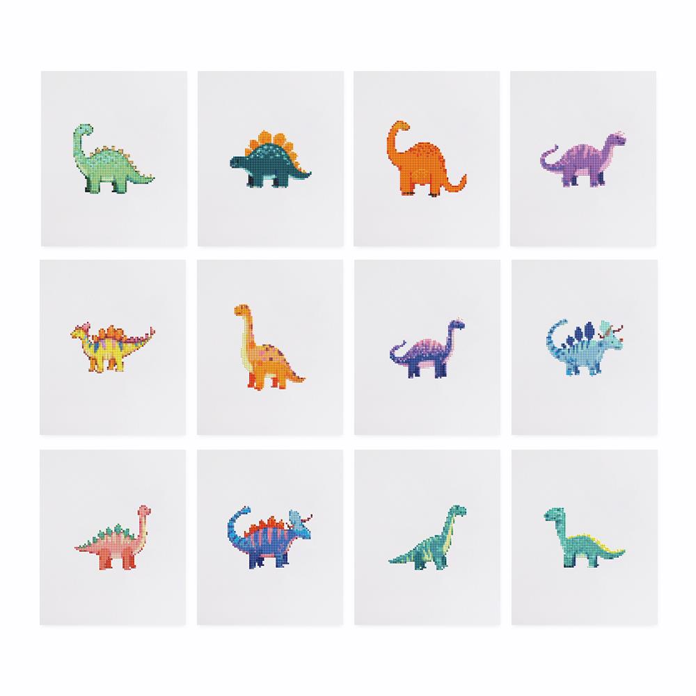 Polka Dot Dino Parade mini diamond painting – the 12 designs laid out on white