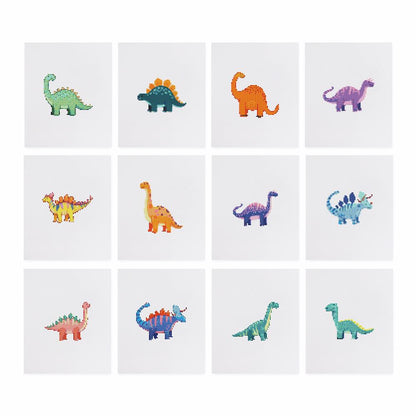 Polka Dot Dino Parade mini diamond painting – the 12 designs laid out on white