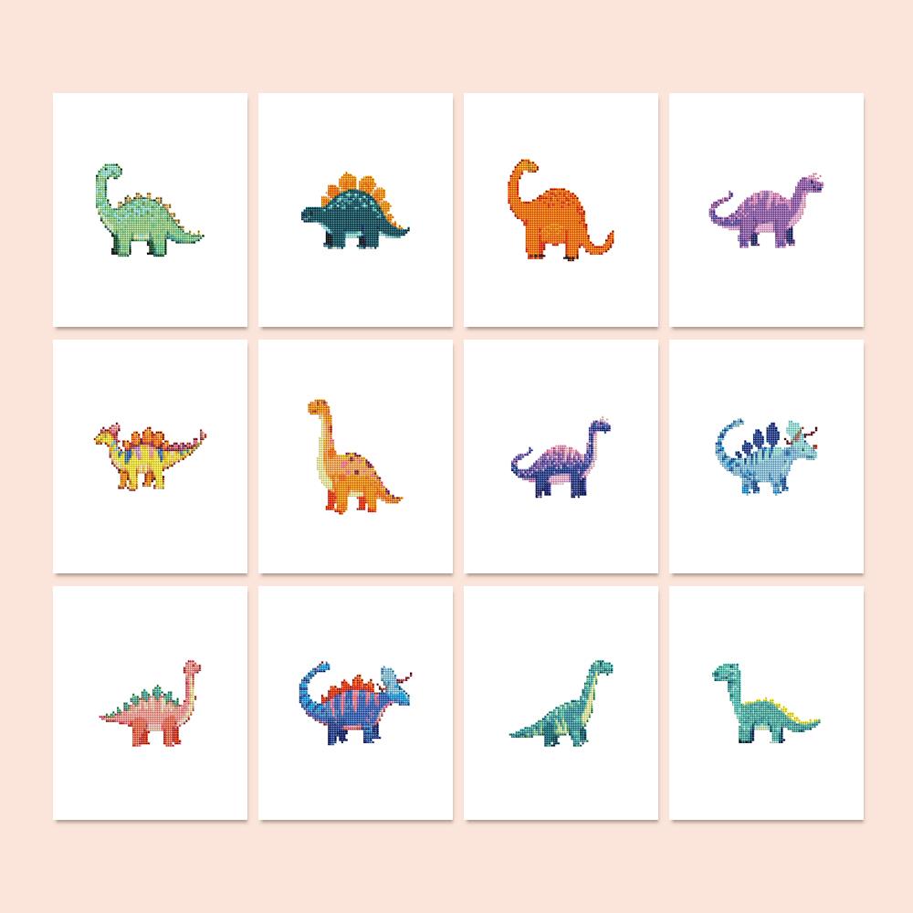 Polka Dot Dino Parade mini diamond painting – Cartoon dinosaurs in green, teal, orange, purple, pink and blue: long-necks, stegosauruses and spiky-backed dinos