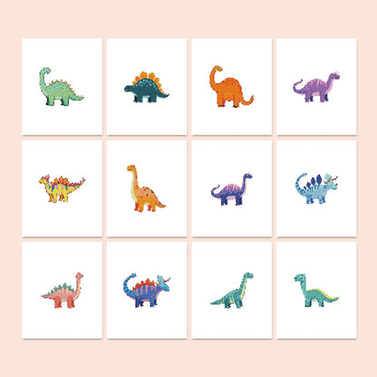 Polka Dot Dino Parade mini diamond painting – Cartoon dinosaurs in green, teal, orange, purple, pink and blue: long-necks, stegosauruses and spiky-backed dinos
