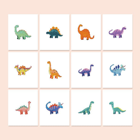 Polka Dot Dino Parade mini diamond painting – Cartoon dinosaurs in green, teal, orange, purple, pink and blue: long-necks, stegosauruses and spiky-backed dinos
