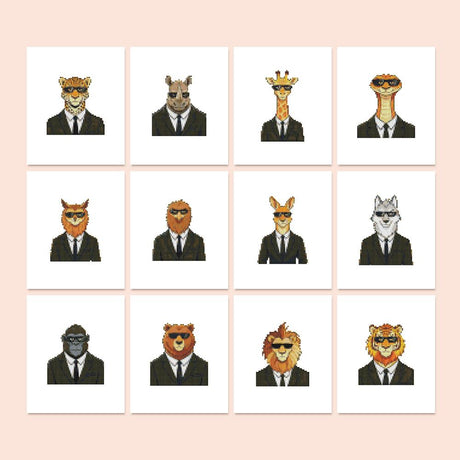 Sharp-Suited Animal Agents mini diamond painting – Animal portraits in black suits and sunglasses: leopard, rhino, giraffe, fox, wolf, gorilla, bear, lion, tiger