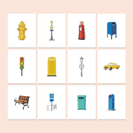 Hydrants, Mailboxes and Taxis mini diamond painting – City street objects: fire hydrant, street lamps, gas pump, mailboxes, traffic light, phone booth, taxi, bench