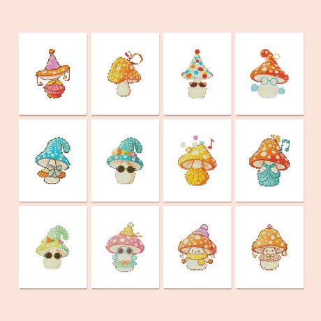 Party Hat Toadstool Pals mini diamond painting – Cartoon spotted mushrooms with faces, party hats, sunglasses and music notes in orange, teal, pink and yellow