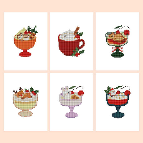 Holly-Topped Christmas Desserts mini diamond painting – Six Christmas desserts in footed cups and mugs, topped with cream, holly, cherries, a reindeer and a little Santa