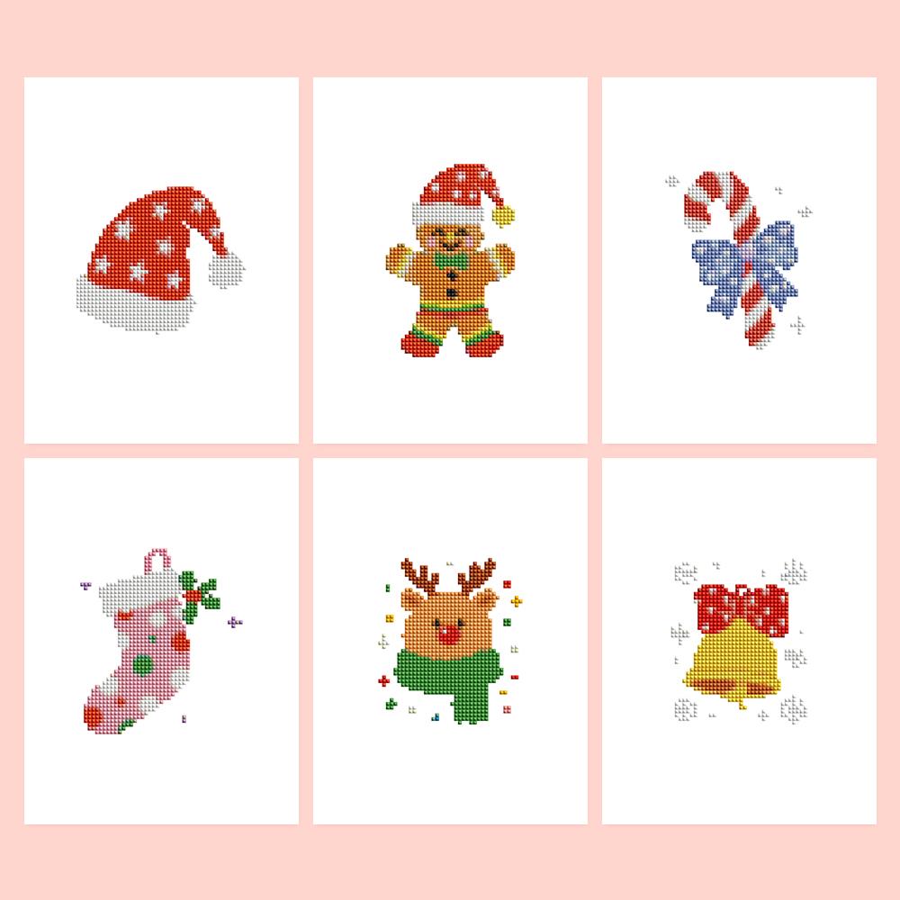Gingerbread and Candy Cane Joy mini diamond painting – Six cute Christmas icons: starry Santa hat, gingerbread man, candy cane, stocking, reindeer and golden bell