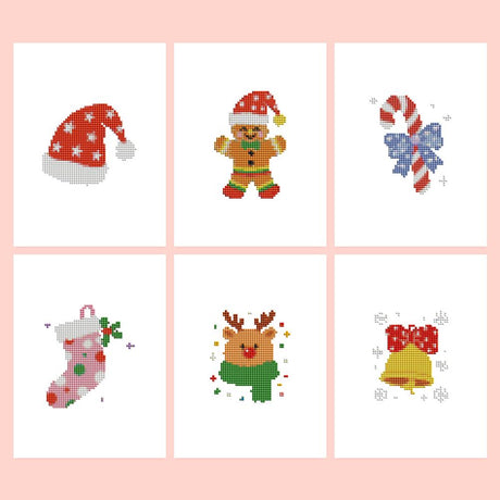 Gingerbread and Candy Cane Joy mini diamond painting – Six cute Christmas icons: starry Santa hat, gingerbread man, candy cane, stocking, reindeer and golden bell