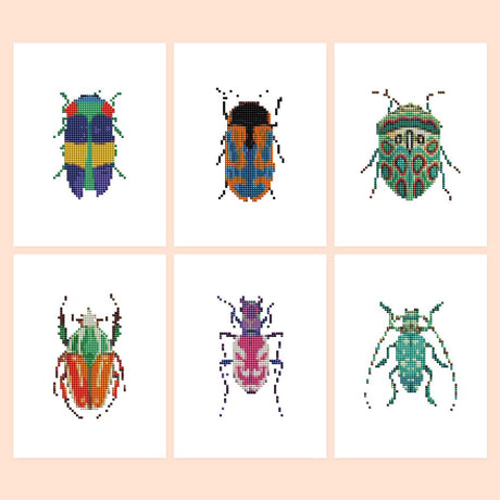 Jewel Beetle Specimens mini diamond painting – Six brightly patterned beetles in blue, orange, teal and red, shown from above like museum specimens