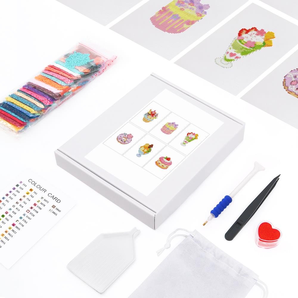 Strawberry Parfaits and Donuts mini diamond painting – the box with 6 canvases, diamonds and tools