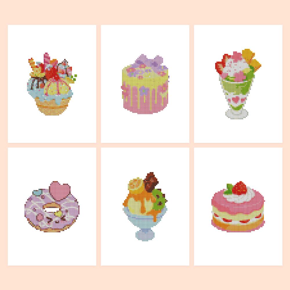 Strawberry Parfaits and Donuts mini diamond painting – Six pastel desserts: candy cupcake, bow-topped cake, strawberry parfait, heart donut, sundae, shortcake