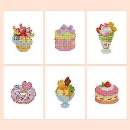Strawberry Parfaits and Donuts mini diamond painting – Six pastel desserts: candy cupcake, bow-topped cake, strawberry parfait, heart donut, sundae, shortcake