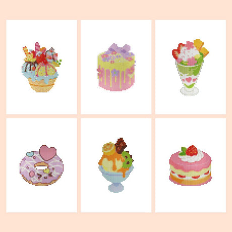 Strawberry Parfaits and Donuts mini diamond painting – Six pastel desserts: candy cupcake, bow-topped cake, strawberry parfait, heart donut, sundae, shortcake