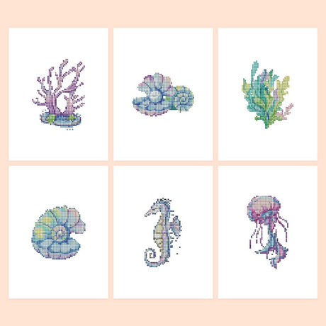 Pastel Seahorse and Seashells mini diamond painting – Six pastel sea motifs: lilac coral, two iridescent shells, teal seaweed, seahorse and jellyfish