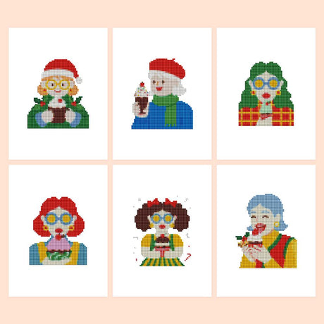 Cake-Loving Ladies in Glasses mini diamond painting – Six cartoon women with bold hair and round glasses enjoying cake, ice cream and cocoa, one in a Santa hat
