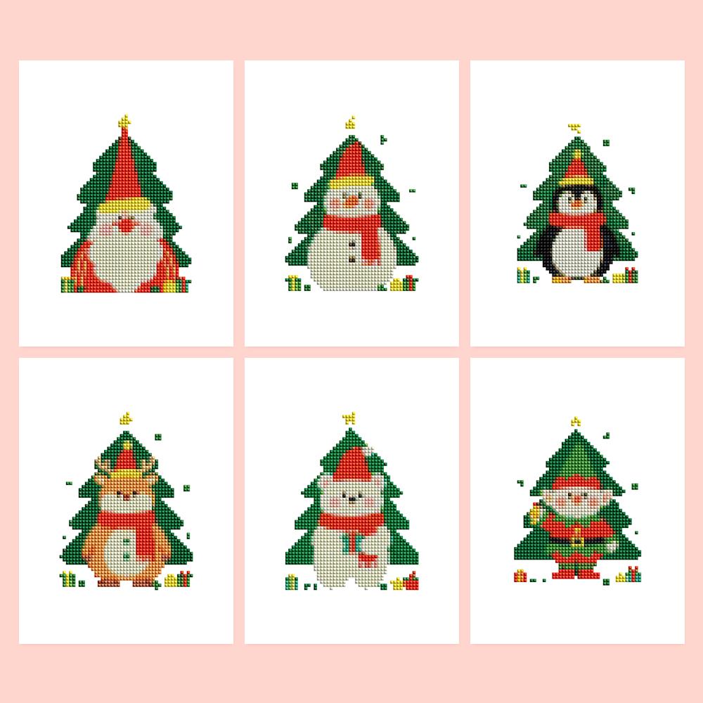 Christmas Tree Peekaboo Pals mini diamond painting – Six Christmas trees, each framing a cute character: gnome, snowman, penguin, fox, polar bear and elf