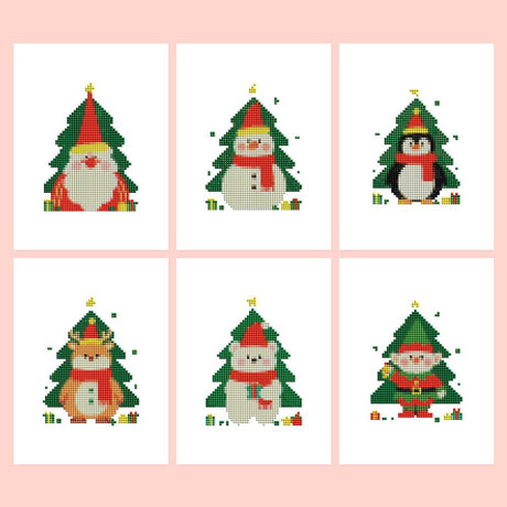 Christmas Tree Peekaboo Pals mini diamond painting – Six Christmas trees, each framing a cute character: gnome, snowman, penguin, fox, polar bear and elf
