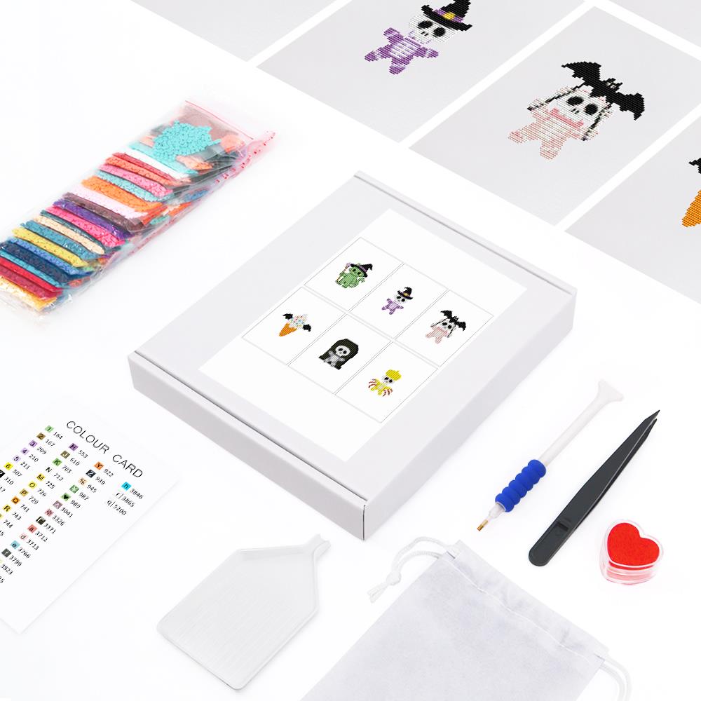 Bat-Winged Skeleton Cuties mini diamond painting – the box with 6 canvases, diamonds and tools
