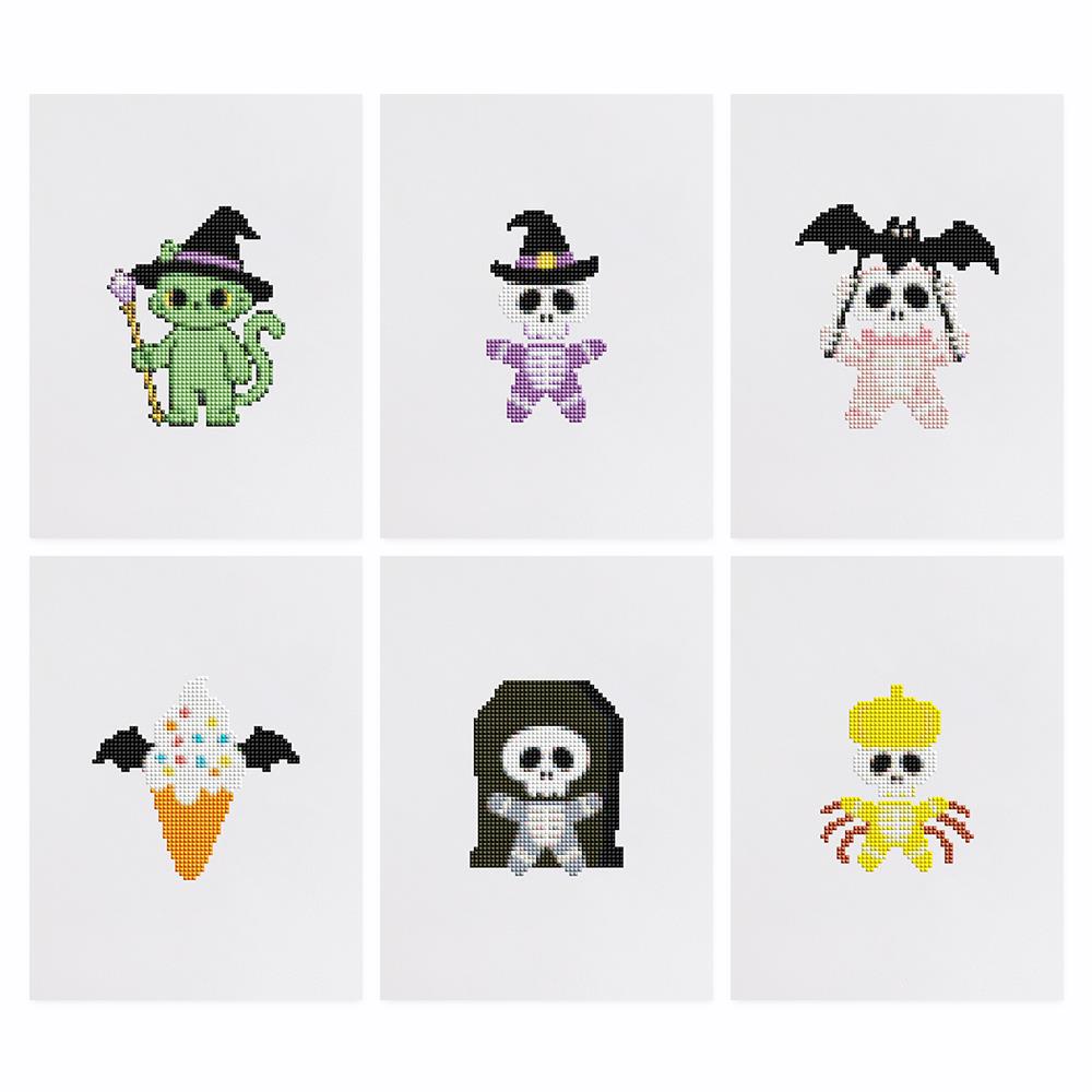 Bat-Winged Skeleton Cuties mini diamond painting – the 6 designs laid out on white