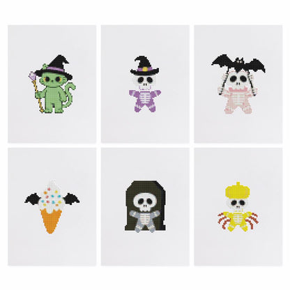 Bat-Winged Skeleton Cuties mini diamond painting – the 6 designs laid out on white