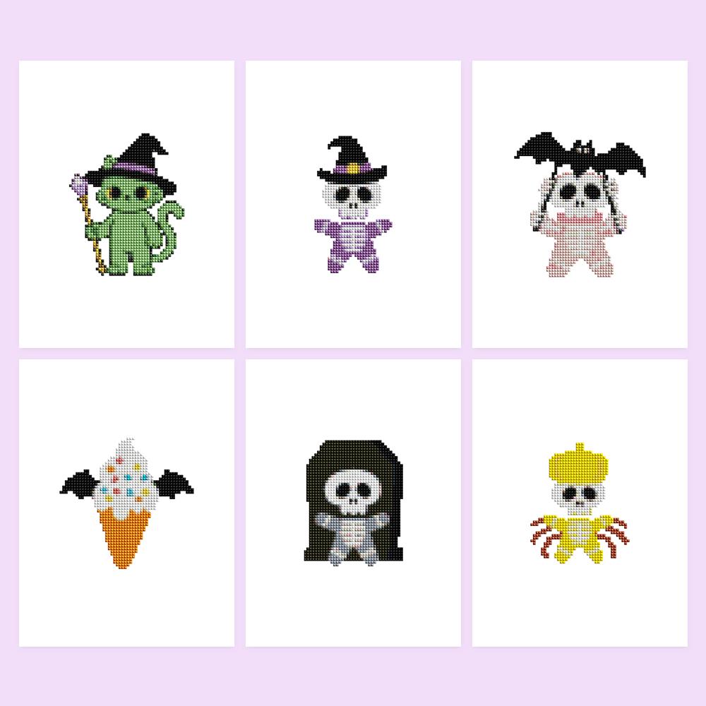 Bat-Winged Skeleton Cuties mini diamond painting – Six cute Halloween figures: green cat witch, skeletons with witch hat, bat wings or coffin, bat-winged ice cream