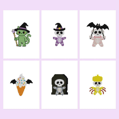 Bat-Winged Skeleton Cuties mini diamond painting – Six cute Halloween figures: green cat witch, skeletons with witch hat, bat wings or coffin, bat-winged ice cream