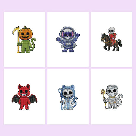 Pumpkin Reaper and Mummy Cats mini diamond painting – Six cats dressed for Halloween as a pumpkin reaper, red devil, mummy and skeletons, plus a skeleton horse rider