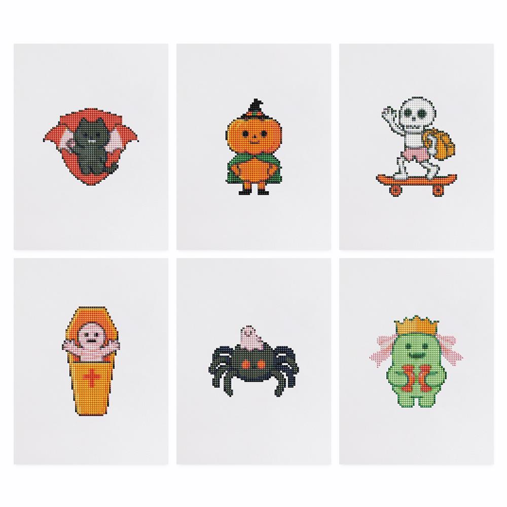 Skateboarding Skeleton Spooks mini diamond painting – the 6 designs laid out on white