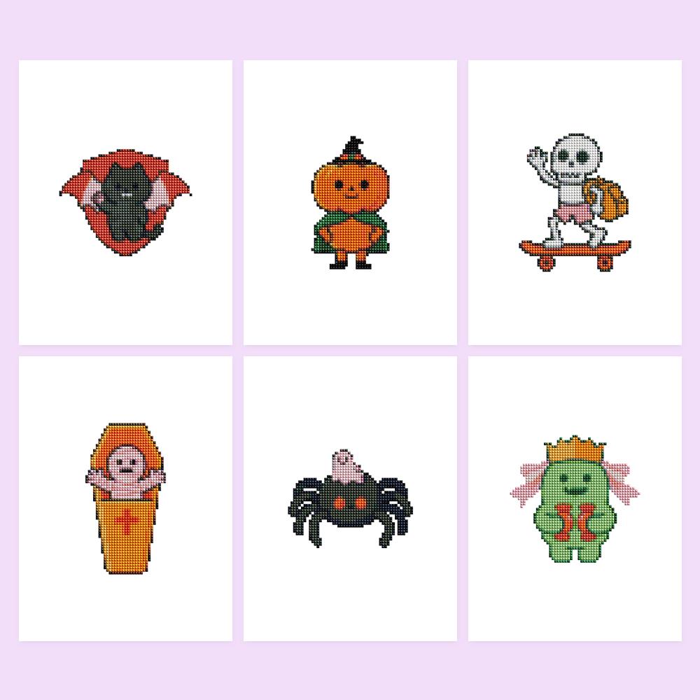 Skateboarding Skeleton Spooks mini diamond painting – Six cute Halloween characters: black cat, pumpkin kid, skateboarding skeleton, coffin baby, spider, green monster