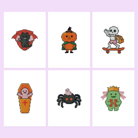 Skateboarding Skeleton Spooks mini diamond painting – Six cute Halloween characters: black cat, pumpkin kid, skateboarding skeleton, coffin baby, spider, green monster