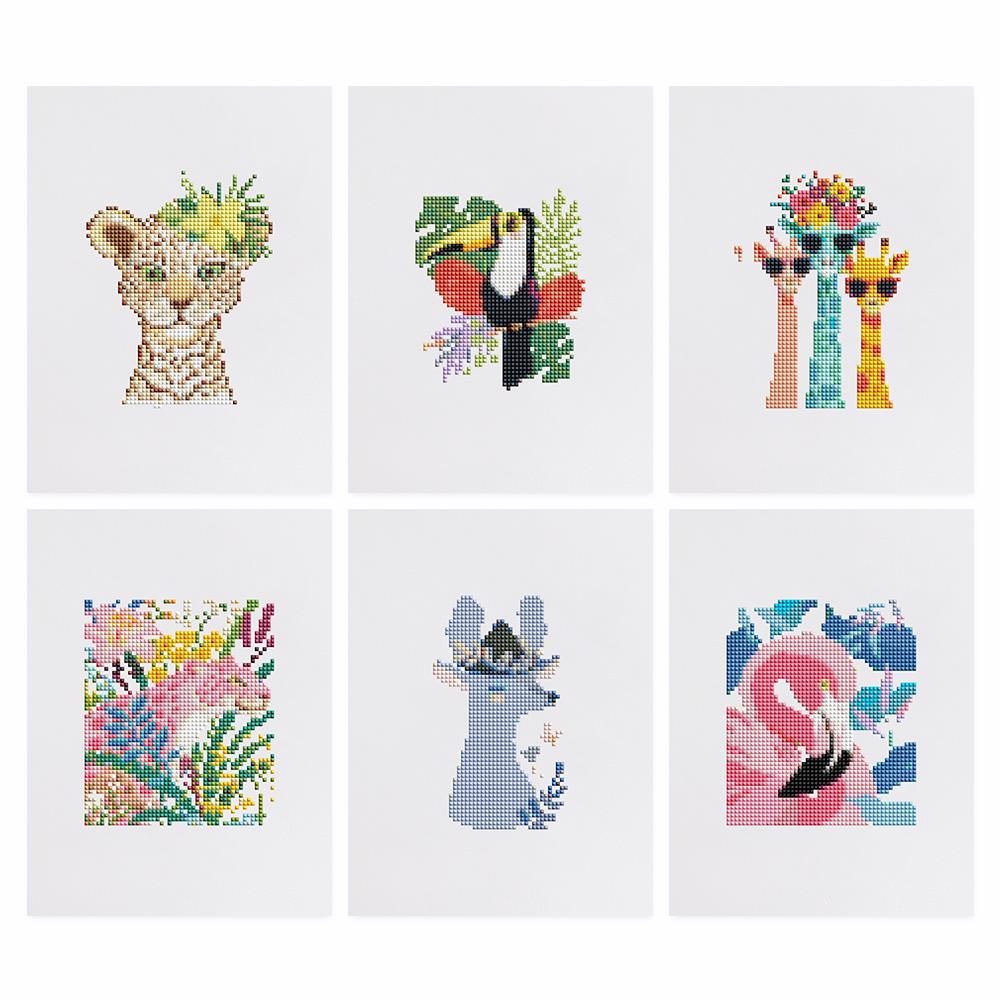 Flower-Crowned Jungle Animals mini diamond painting – the 6 designs laid out on white