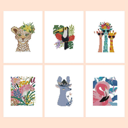 Flower-Crowned Jungle Animals mini diamond painting – Six jungle designs: flower-crowned leopard cub, toucan, giraffes in sunglasses, tropical blooms, llama, flamingo