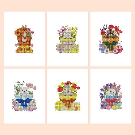 Kittens in Flower Baskets mini diamond painting – Six kittens peeking out of baskets and pots of flowers, tied with bows in yellow, blue, purple and red