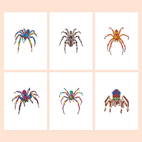 Rainbow-Legged Spiders mini diamond painting – Six spiders seen from above, some in natural brown and orange, others with rainbow-striped legs