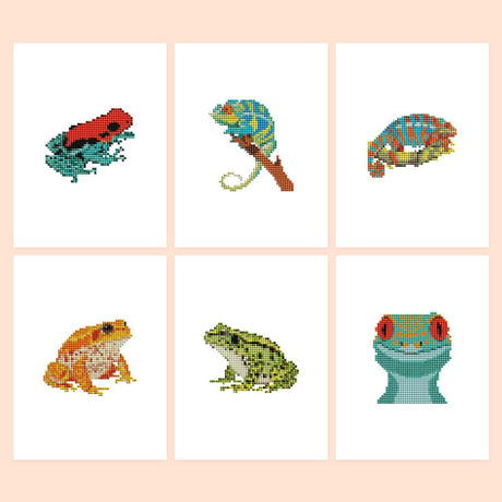 Rainforest Frogs and Chameleons mini diamond painting – Six bright reptiles and frogs: red and blue dart frog, two chameleons, orange toad, green frog and teal gecko