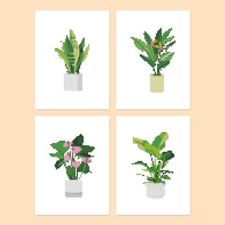 Snake Plant and Palm Planters mini diamond painting – Potted plants in white pots: a snake plant, a bird of paradise, a pink-flowered plant and a broadleaf