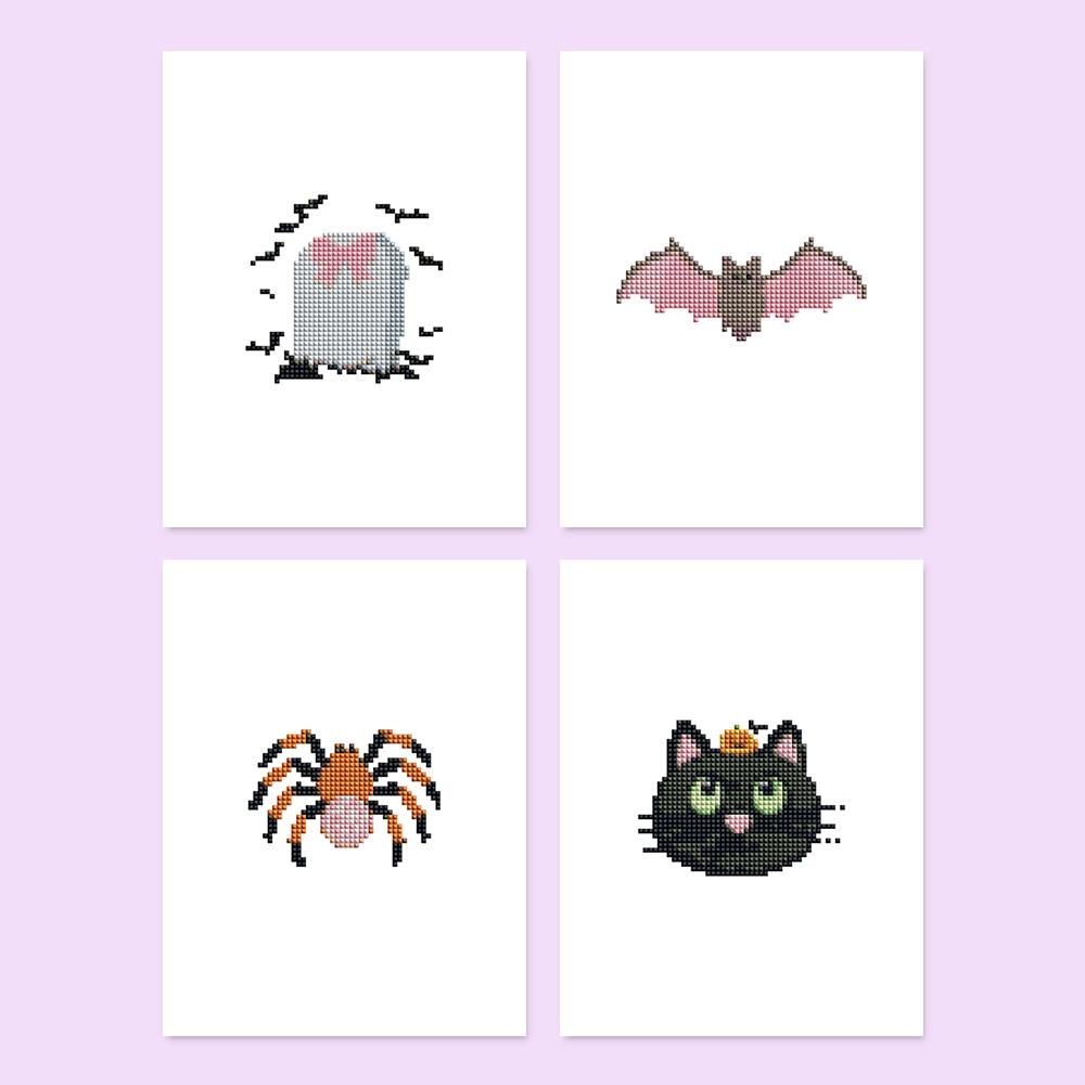 Pink Bat Halloween Spooks mini diamond painting – Four Halloween designs: a bow-tied tombstone with bats, a pink bat, an orange spider and a black cat