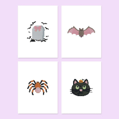 Pink Bat Halloween Spooks mini diamond painting – Four Halloween designs: a bow-tied tombstone with bats, a pink bat, an orange spider and a black cat
