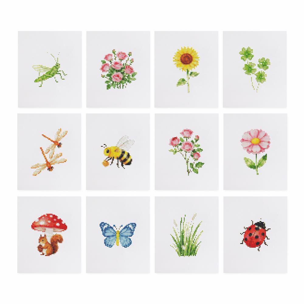 Ladybug and Bumblebee Meadow mini diamond painting – the 12 designs laid out on white
