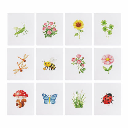 Ladybug and Bumblebee Meadow mini diamond painting – the 12 designs laid out on white