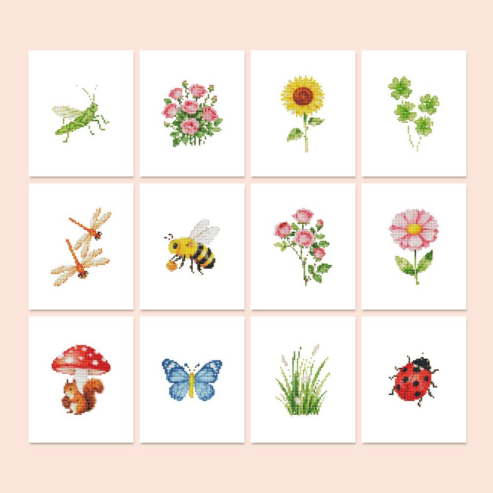 Ladybug and Bumblebee Meadow mini diamond painting – Garden nature: grasshopper, bee, ladybug, butterfly, dragonflies, roses, sunflower, clover, grass, toadstool